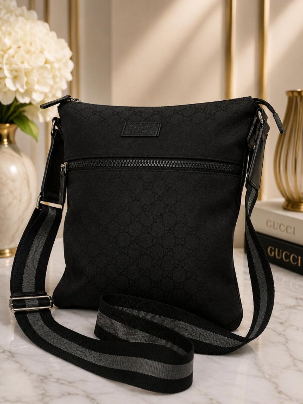 Authentic Gucci Black GG Monogram Canvas Messenger Crossbody Shoulder Bag